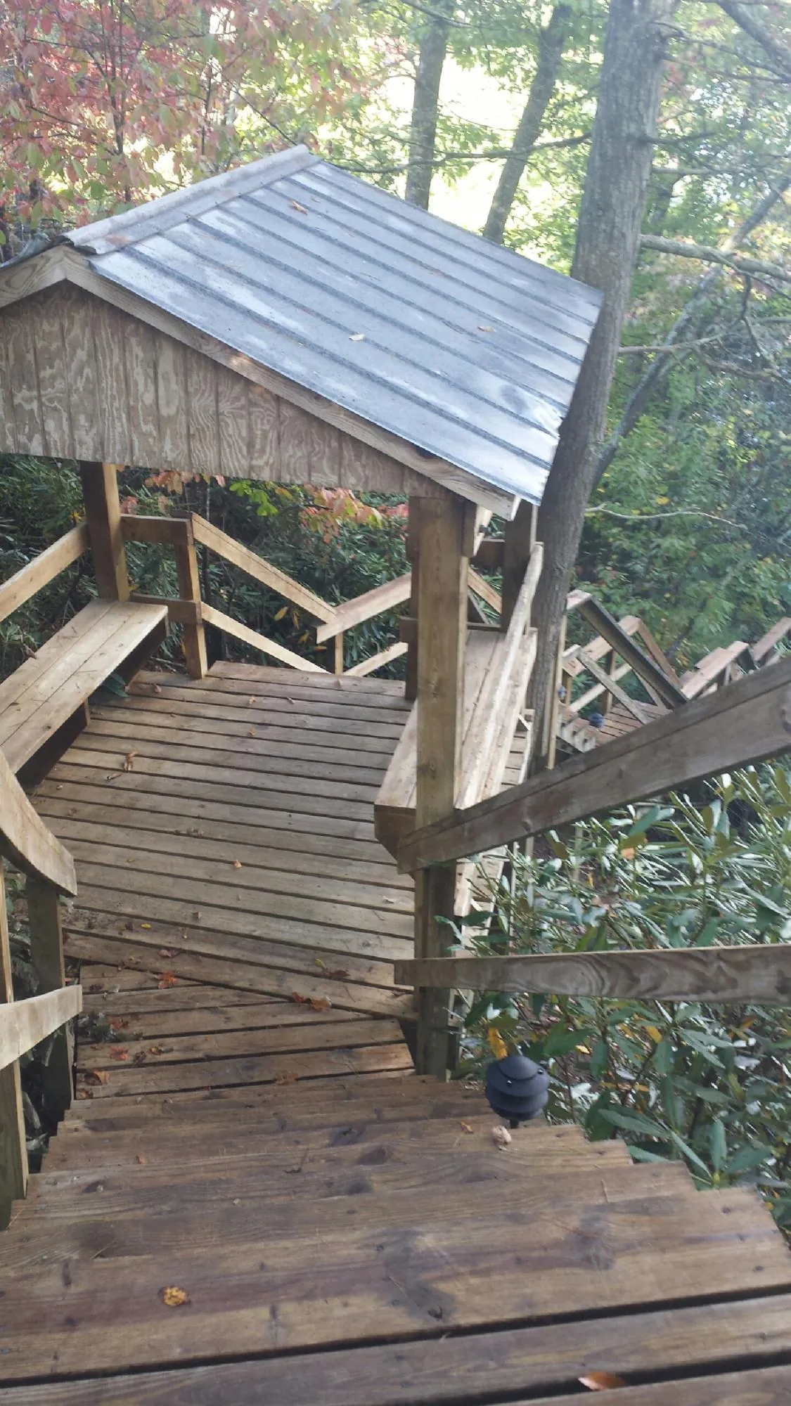 Metal roofed shelter over wooden steps on a wooded walkway — Skylight Repair & Installation work by our crew in Parrottsville